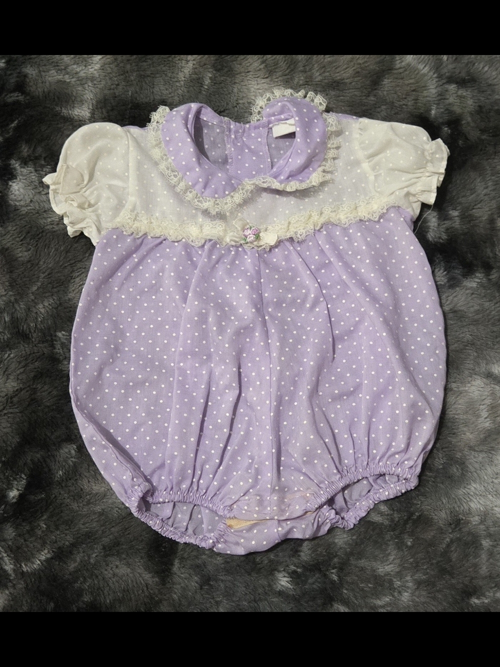 Vintage Lavender Polka Dot Baby Bubble Romper Lace Collar Puff Sleeve